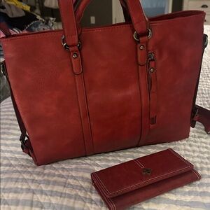 Red Leather Tote Bag and Wallet Set